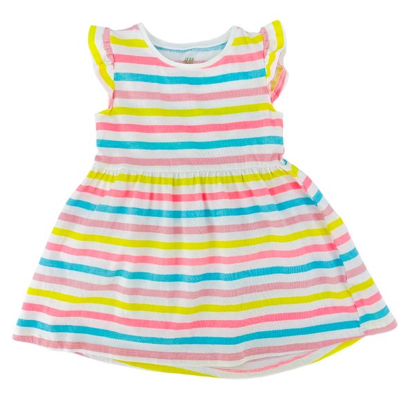 H&M KIDS Organic Cotton Multi-Stripe Flutter Sleeve Dress Size 1 1/2 -2Y - Picture 1 of 16